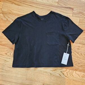 NWT Calme by Johnny Was Size Small Cropped Black Tee with Breast Pocket Cotton